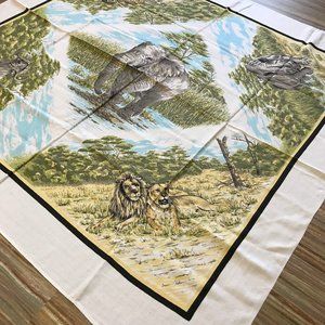 African Safari Animal Square Tablecloth 50" White Linen Weave Elephant Lions